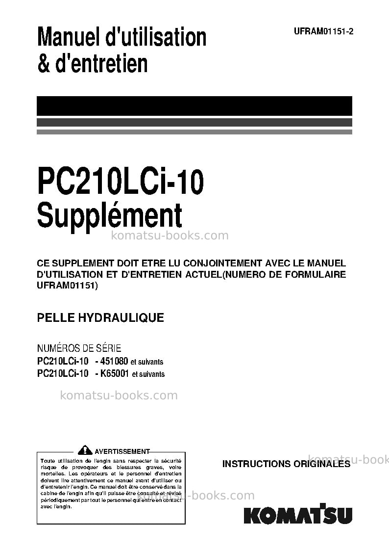 Komatsu pc210lci-10gbr Manuel d'utilisation couverture Komatsu pc210lci-10gbr Manuel d'utilisation couverture