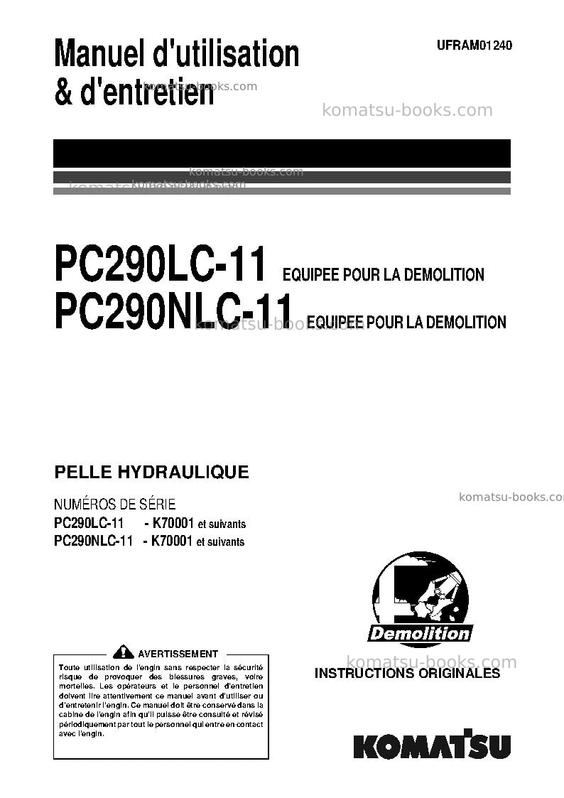 Komatsu pc290nlc-11gbr-demolition Manuel d'utilisation couverture Komatsu pc290nlc-11gbr-demolition Manuel d'utilisation couverture