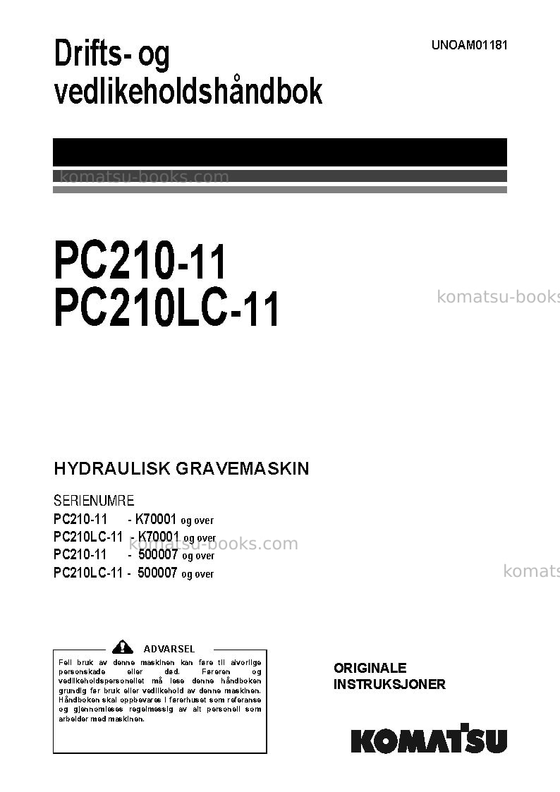 Komatsu pc210lc-11gbr Operation manual cover