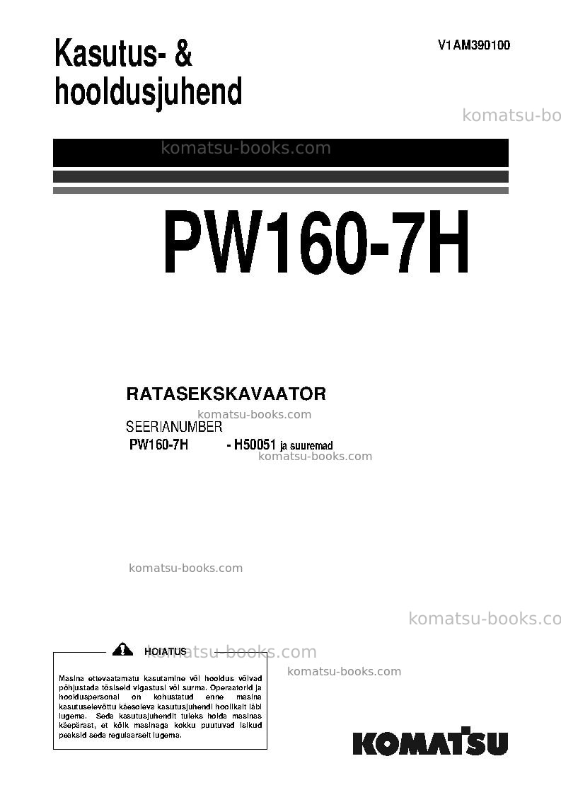 Komatsu pw160-7deu Operation manual cover