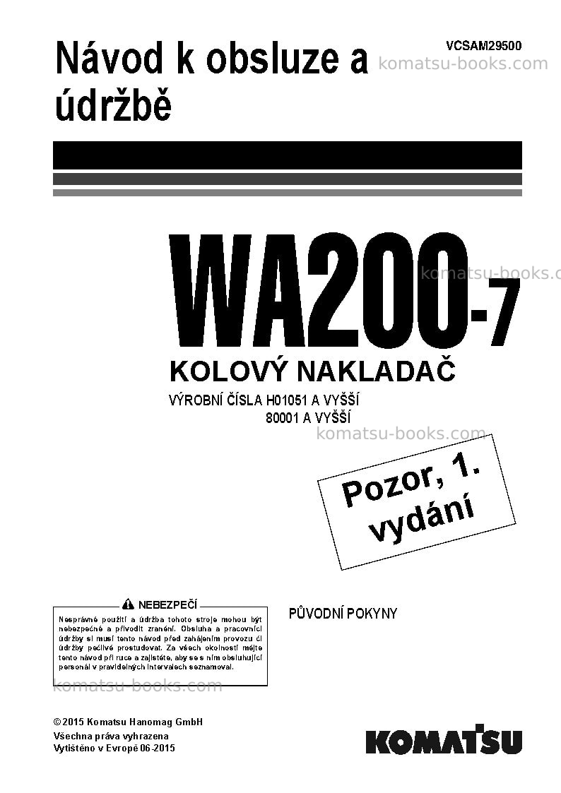 Komatsu wa200-7deu Provozní manuál obálka Komatsu wa200-7deu Provozní manuál obálka