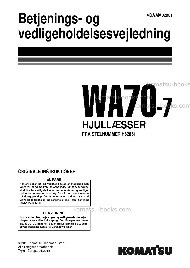 Komatsu wa70-7deu Operation manual cover Komatsu wa70-7deu Operation manual cover