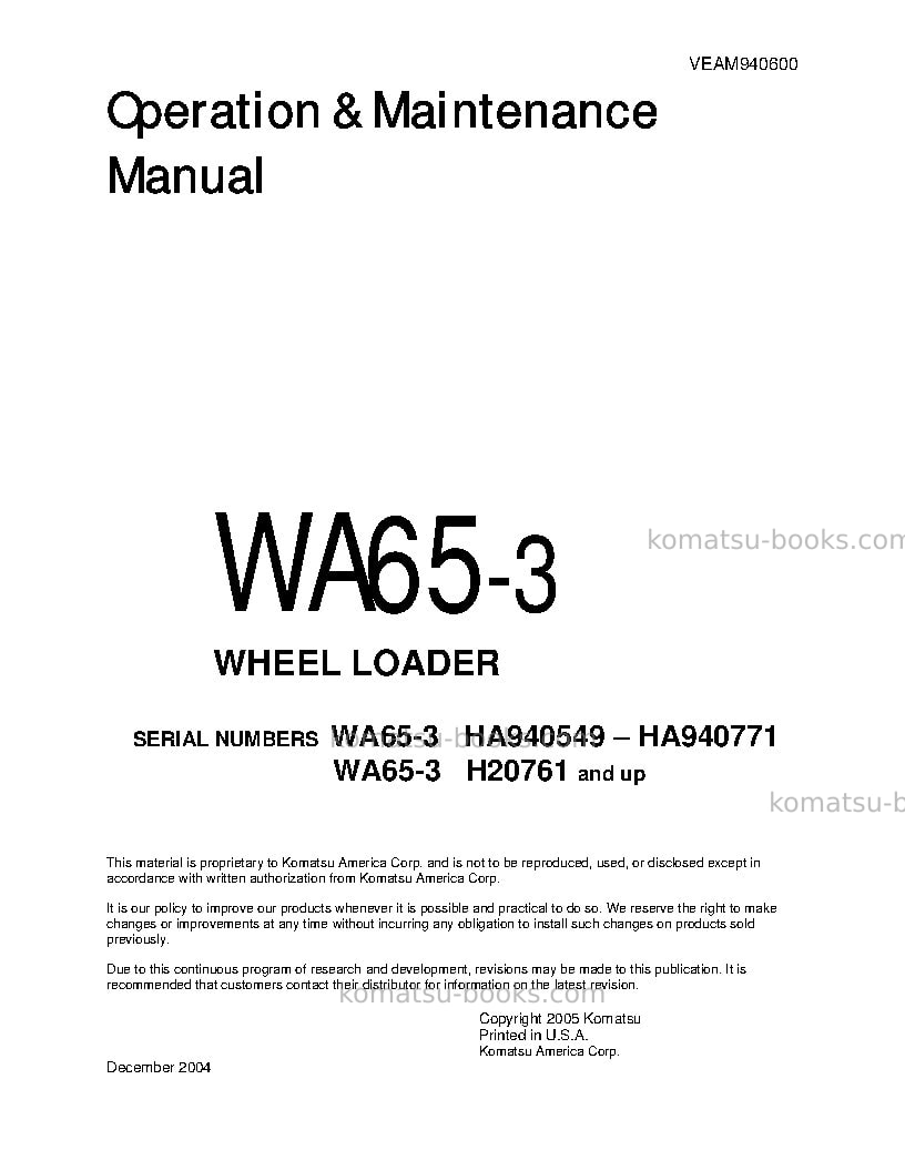 Komatsu wa65-3deu Operation manual cover Komatsu wa65-3deu Operation manual cover