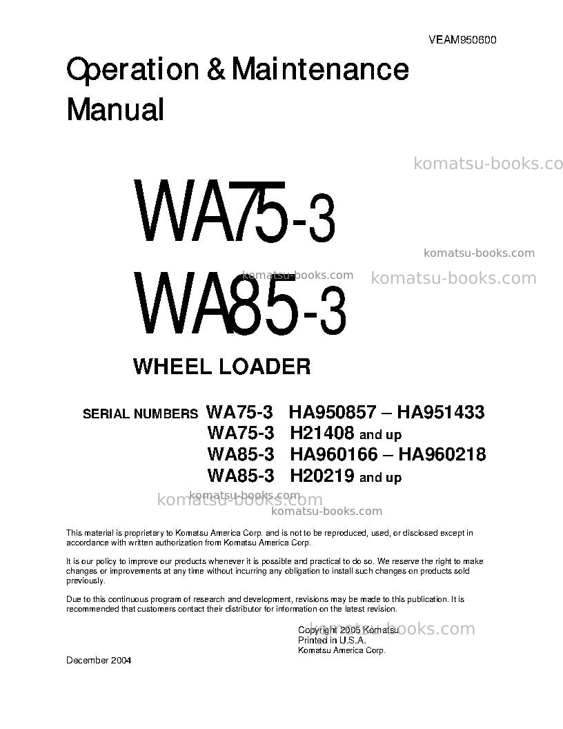 Komatsu wa75-3deu Operation manual cover Komatsu wa75-3deu Operation manual cover