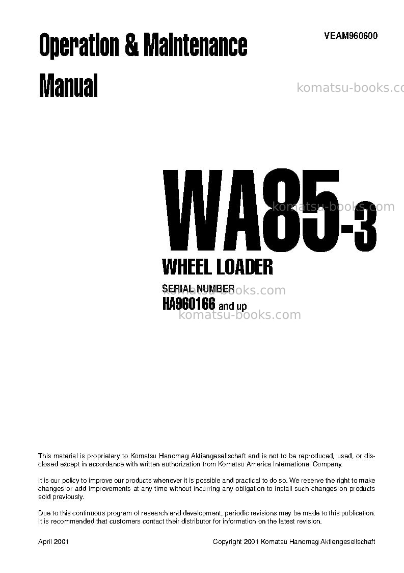 Komatsu wa85-3deu Operation manual cover Komatsu wa85-3deu Operation manual cover