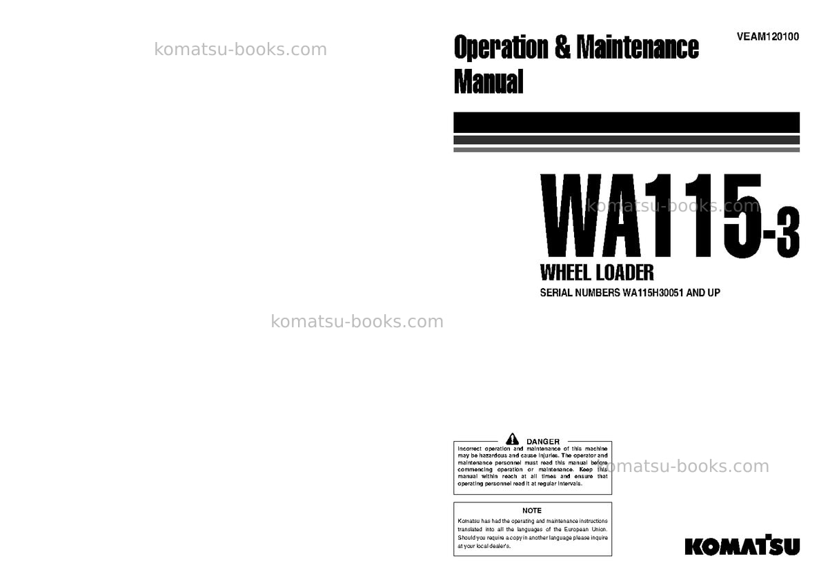 Komatsu wa115-3deu Operation manual cover Komatsu wa115-3deu Operation manual cover