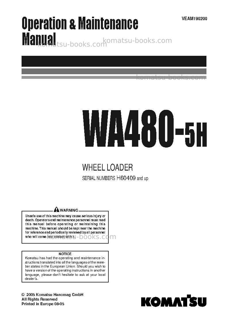 Komatsu wa480-5deu-h Operation manual cover