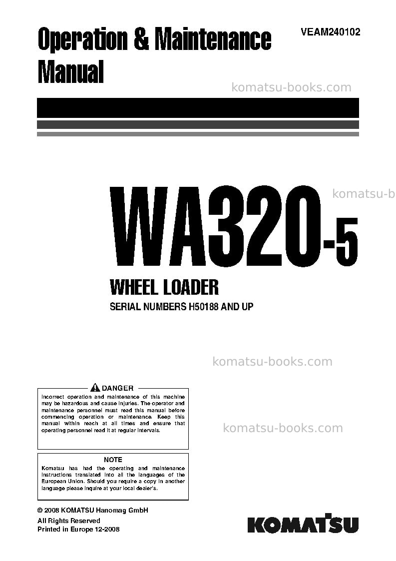 Komatsu wa320-5deu-h Operation manual cover