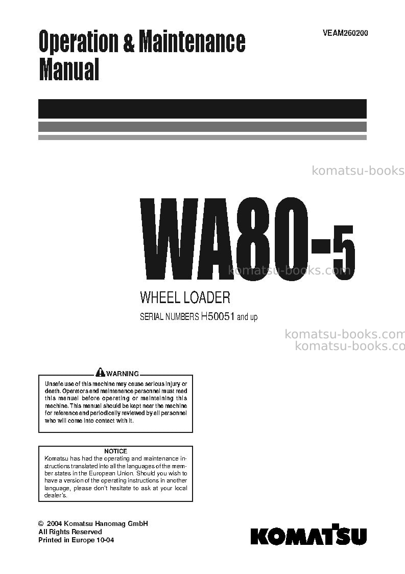 Komatsu wa80-5deu Operation manual cover Komatsu wa80-5deu Operation manual cover