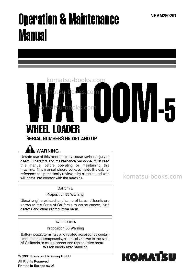Komatsu wa100m-5deu Operation manual cover Komatsu wa100m-5deu Operation manual cover