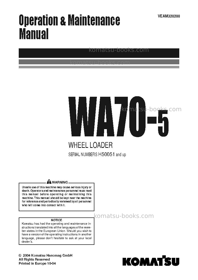 Komatsu wa70-5deu Operation manual cover Komatsu wa70-5deu Operation manual cover