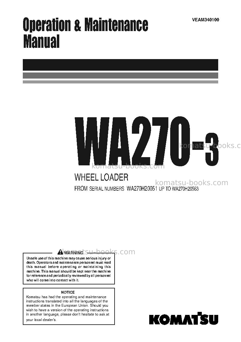 Komatsu wa270-3deu Operation manual cover Komatsu wa270-3deu Operation manual cover