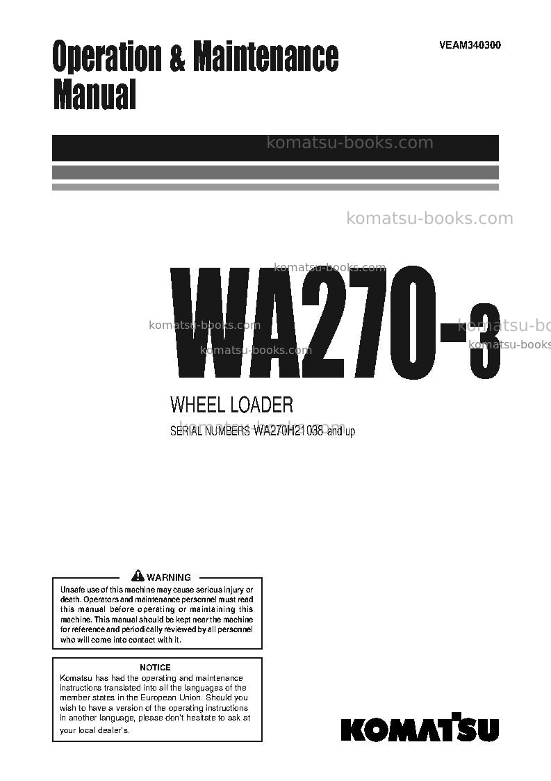 Komatsu wa270-3deu Operation manual cover Komatsu wa270-3deu Operation manual cover