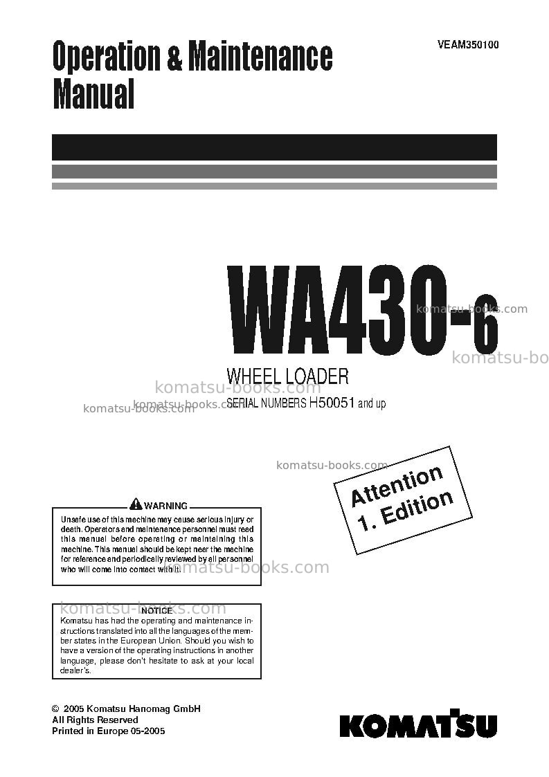 Komatsu wa430-6deu Operation manual cover