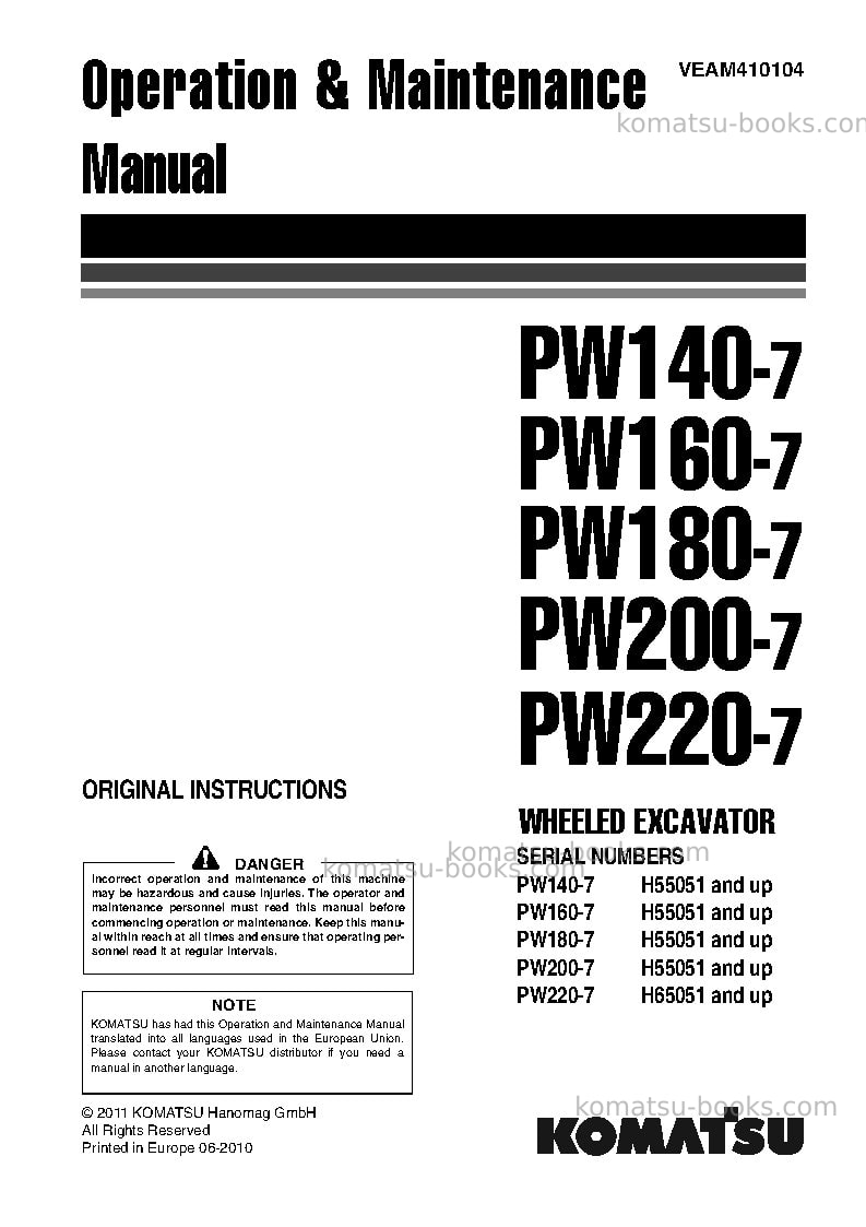 Komatsu pw200-7deu-tier 3 Operation manual cover Komatsu pw200-7deu-tier 3 Operation manual cover