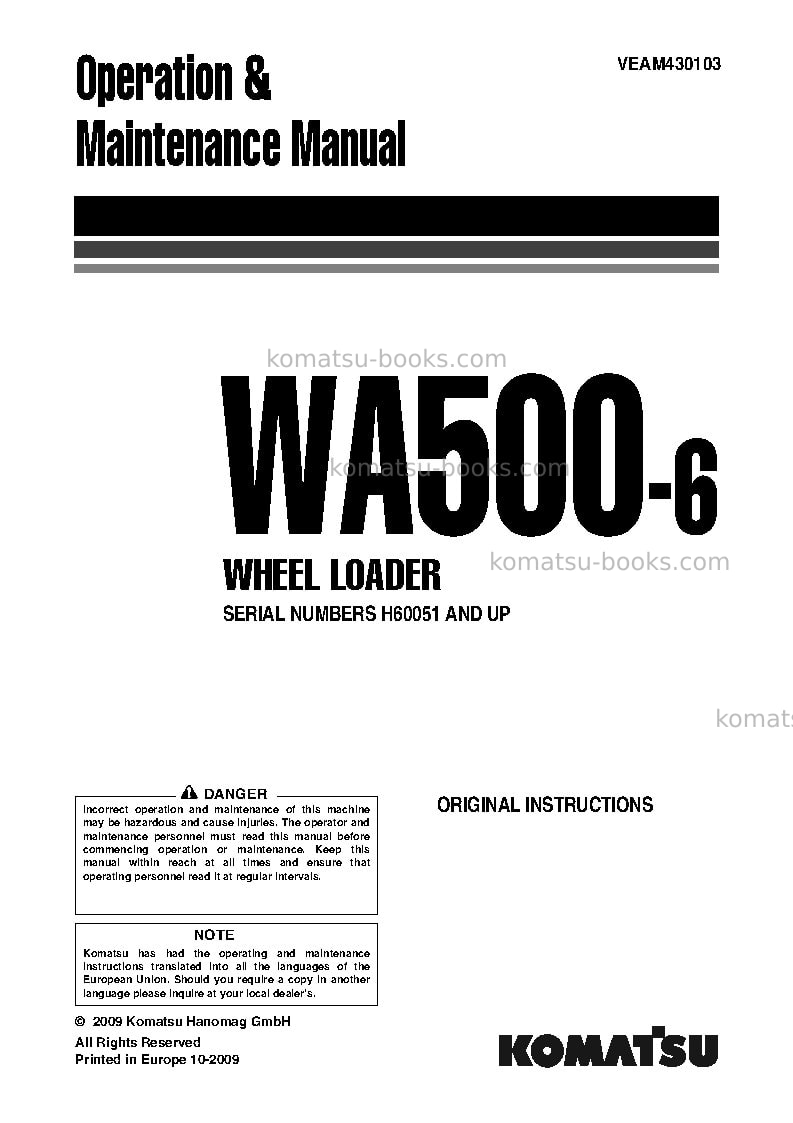 Komatsu wa500-6deu Operation manual cover Komatsu wa500-6deu Operation manual cover