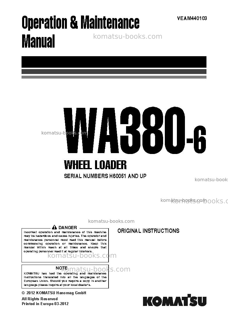 Komatsu wa380-6deu Operation manual cover