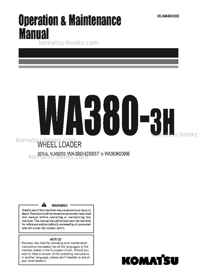 Komatsu wa380-3deu-h Operation manual cover