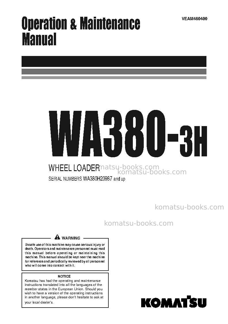 Komatsu wa380-3deu-h Operation manual cover Komatsu wa380-3deu-h Operation manual cover