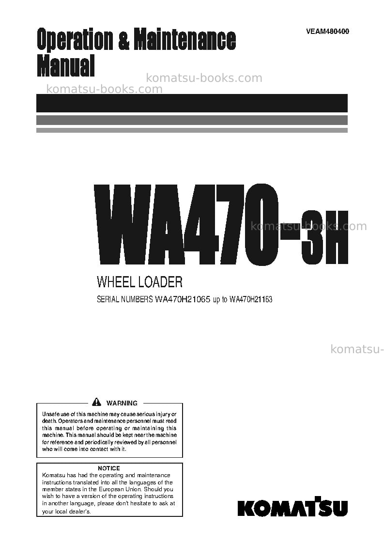 Komatsu wa470-3deu-h Operation manual cover