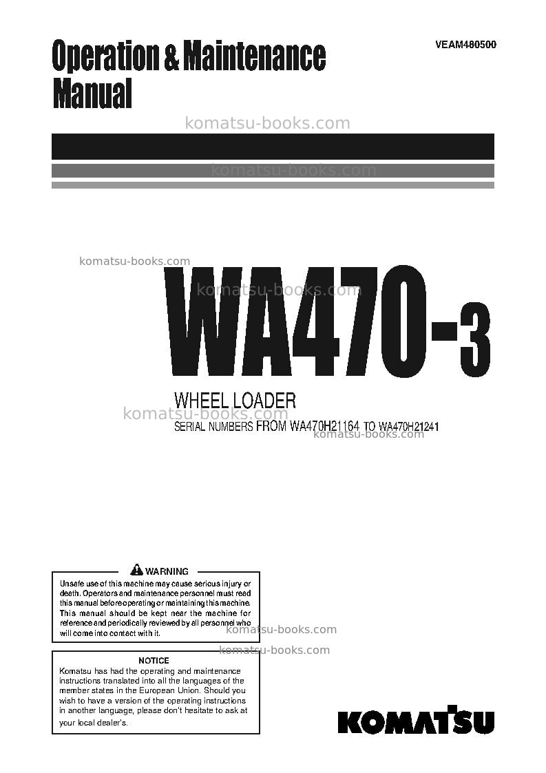 Komatsu wa470-3deu-h Operation manual cover Komatsu wa470-3deu-h Operation manual cover