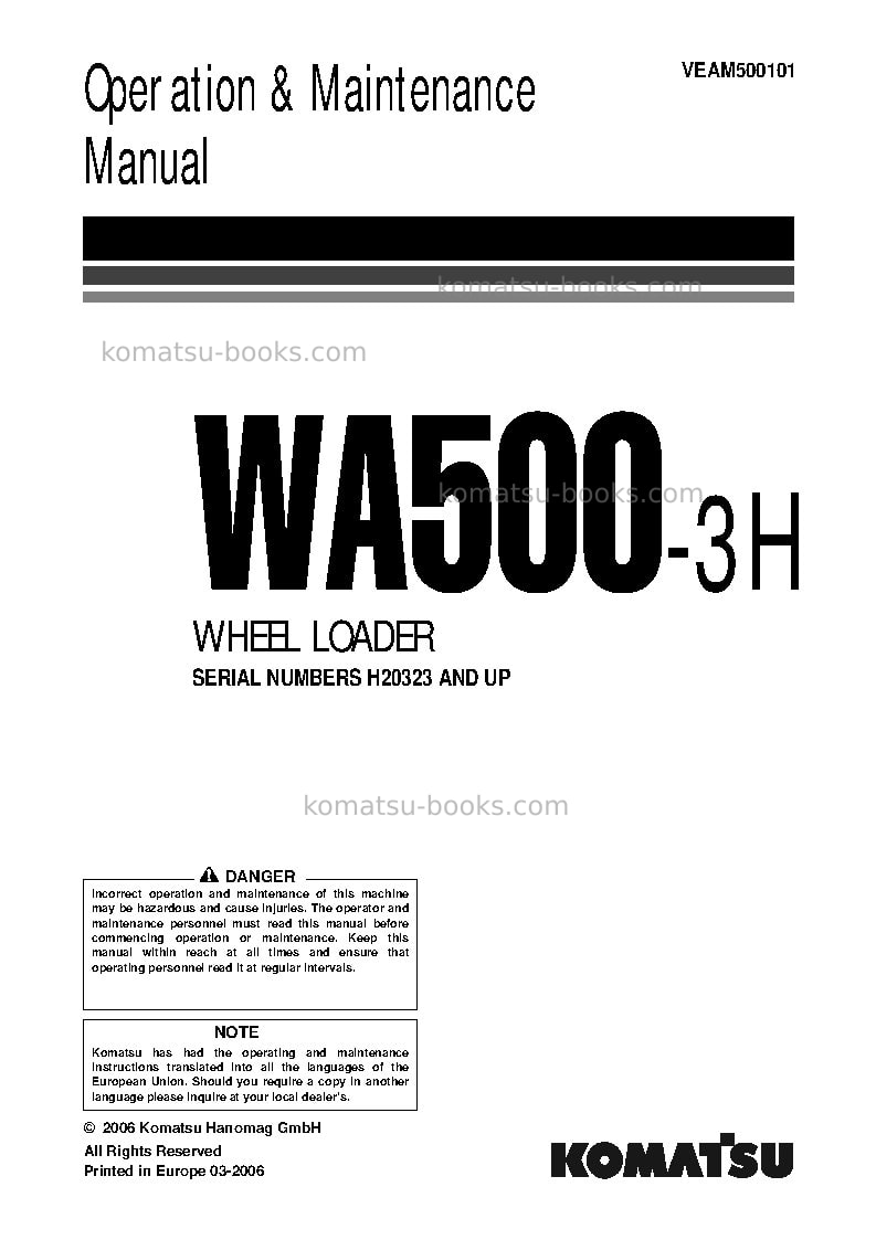 Komatsu wa500-3deu-h Operation manual cover