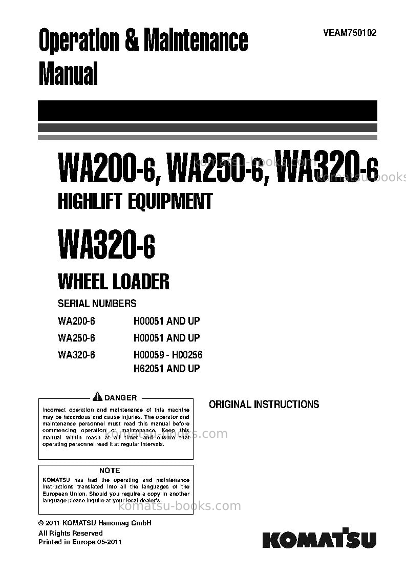Komatsu wa320-6deu Operation manual cover Komatsu wa320-6deu Operation manual cover