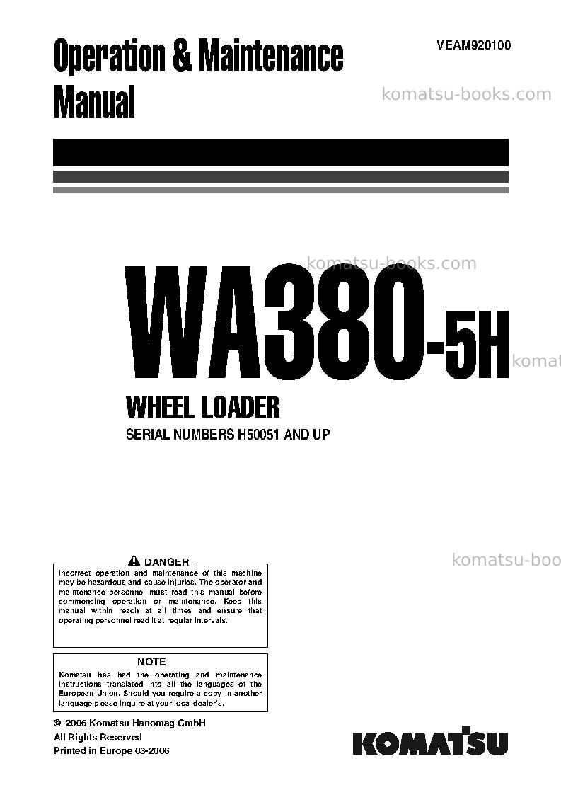 Komatsu wa380-5deu-h Operation manual cover