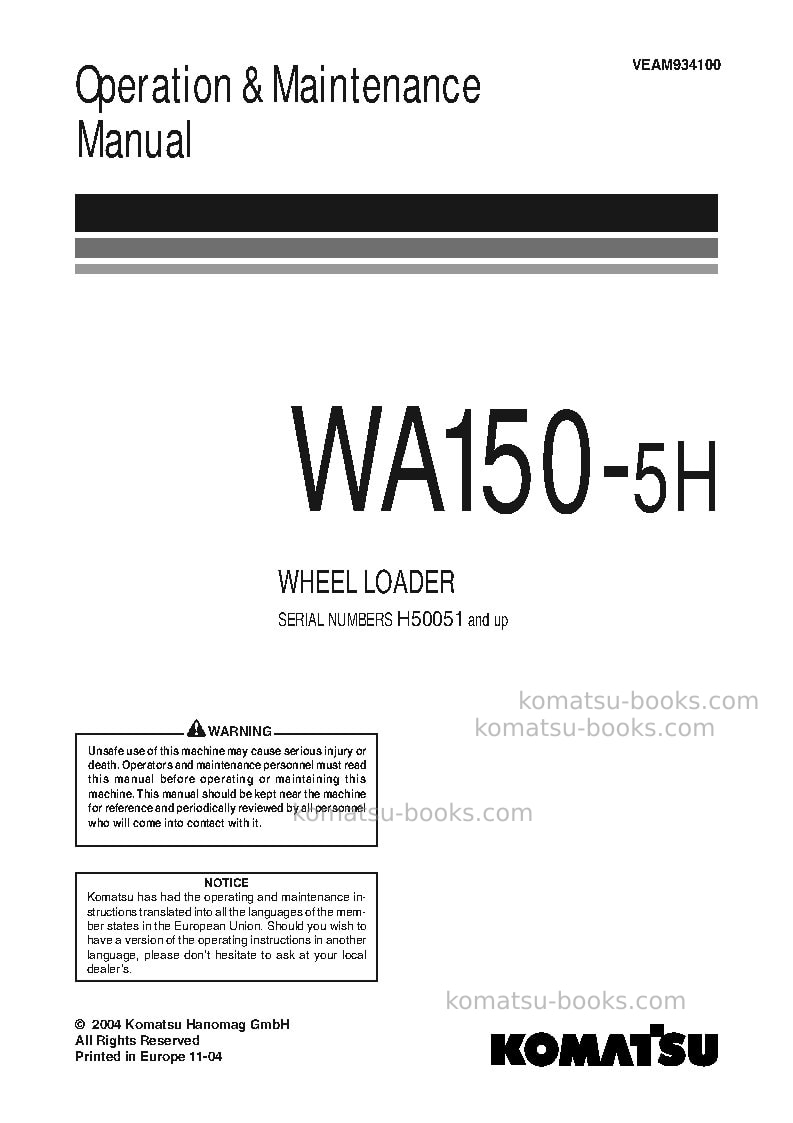 Komatsu wa150-5deu Operation manual cover Komatsu wa150-5deu Operation manual cover