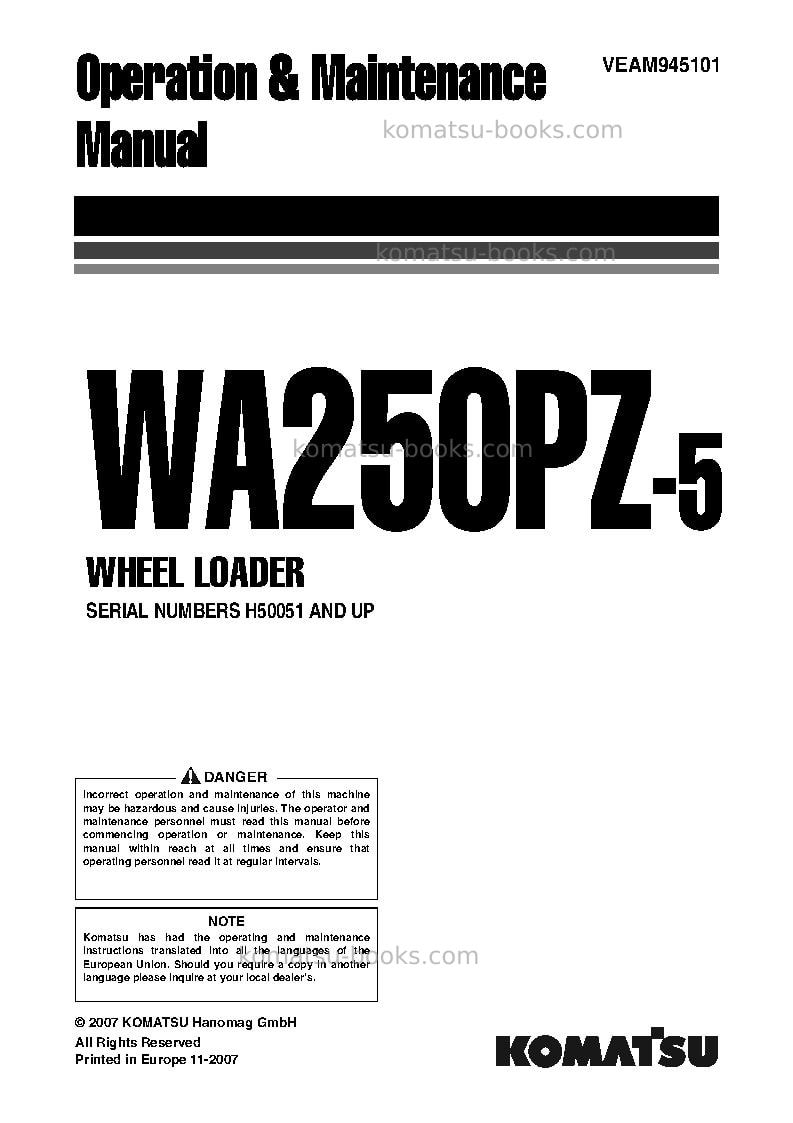 Komatsu wa250pz-5deu Operation manual cover