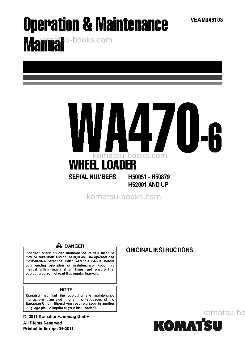 Komatsu wa470-6deu Operation manual cover Komatsu wa470-6deu Operation manual cover