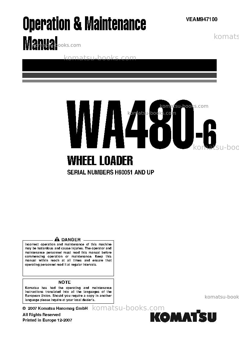 Komatsu wa480-6deu Operation manual cover Komatsu wa480-6deu Operation manual cover