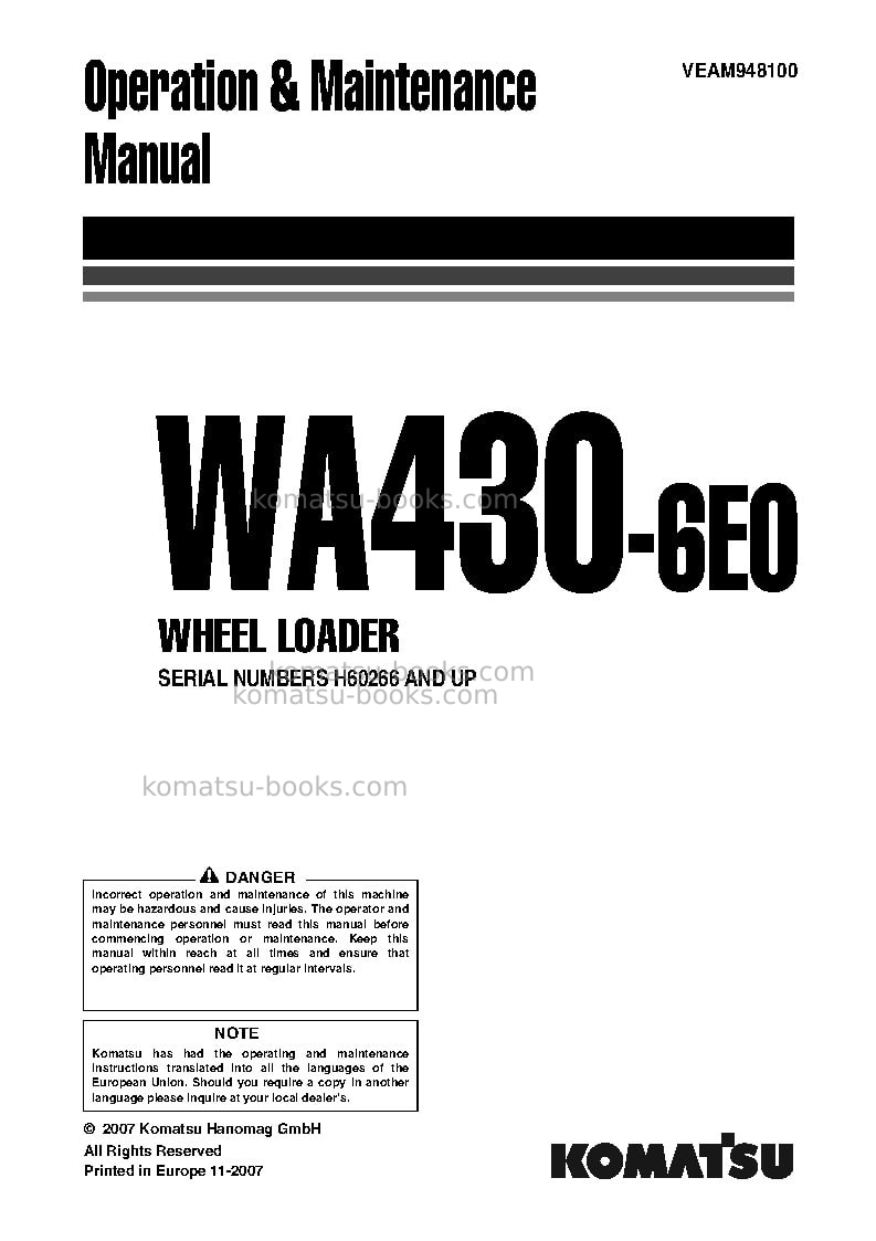 Komatsu wa430-6deu Operation manual cover Komatsu wa430-6deu Operation manual cover