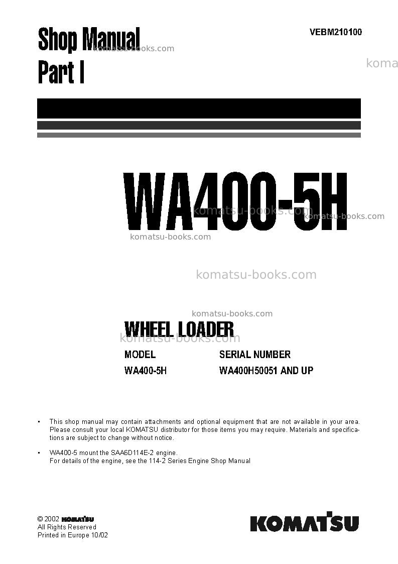 Komatsu wa400-5deu-h Repair & maintenance cover