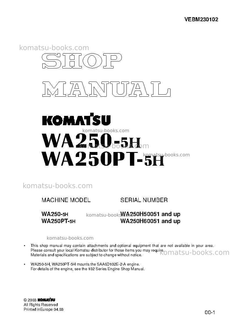 Komatsu wa250-5deu-h Repair & maintenance cover