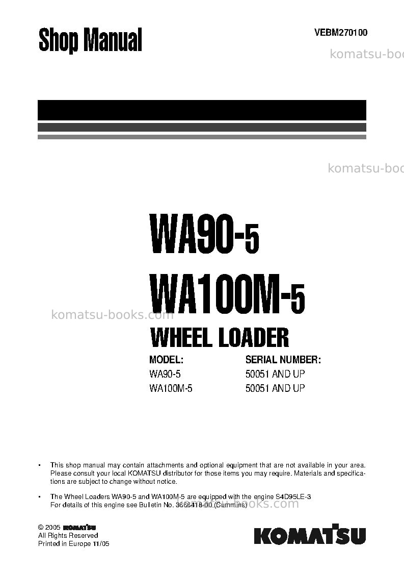 Komatsu wa100m-5deu Repair & maintenance cover
