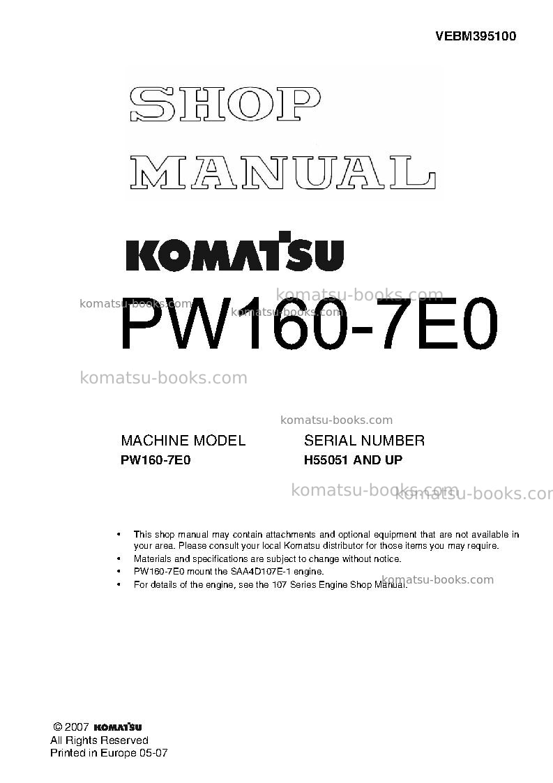 Komatsu pw160-7deu-tier 3 Repair & maintenance cover