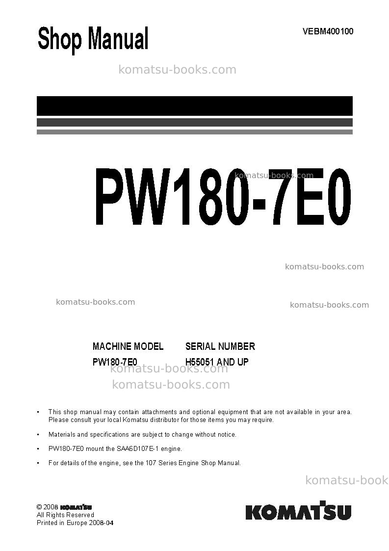 Komatsu pw180-7deu-e0 Repair & maintenance cover