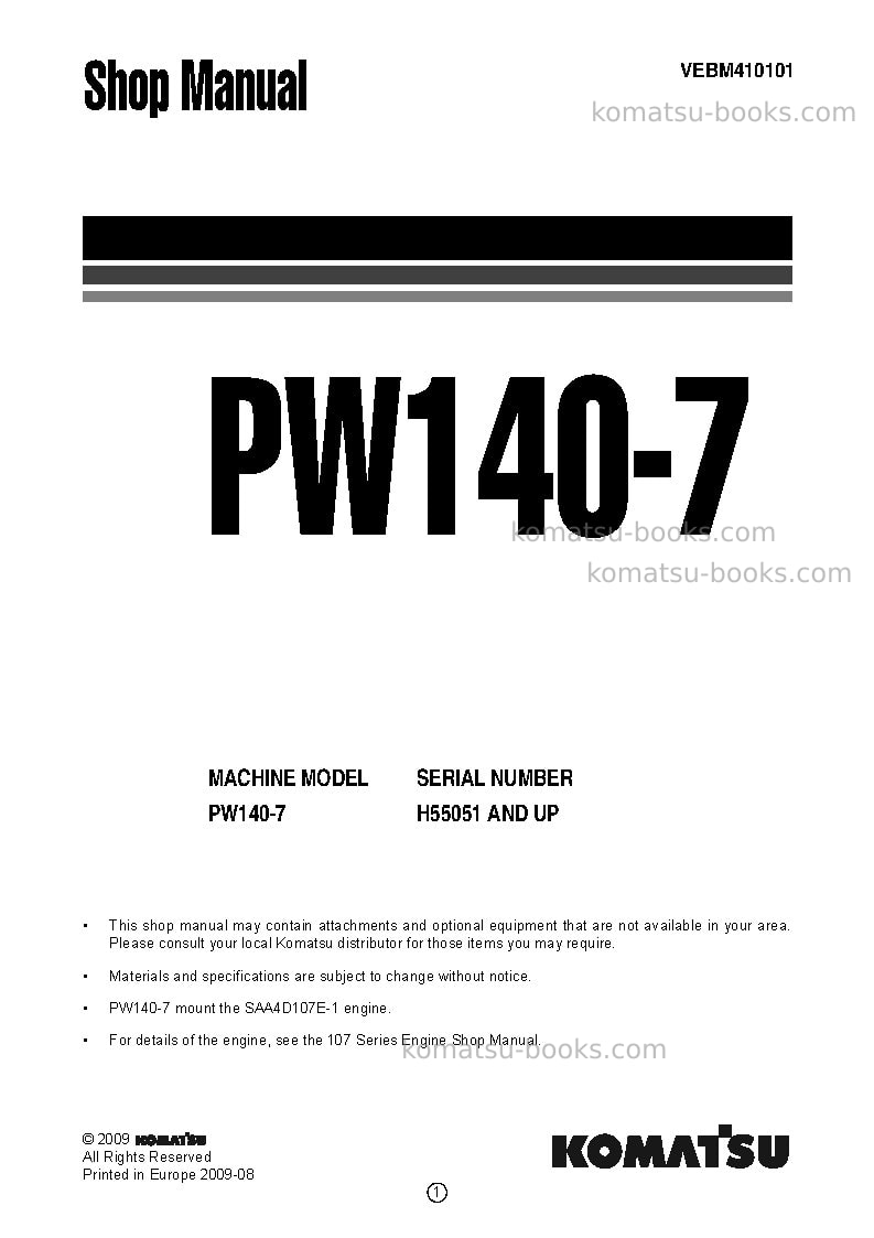 Komatsu pw140-7deu Repair & maintenance cover