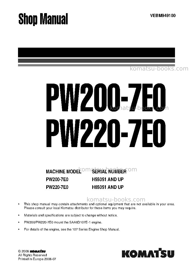 Komatsu pw220-7deu-tier 3 Repair & maintenance cover