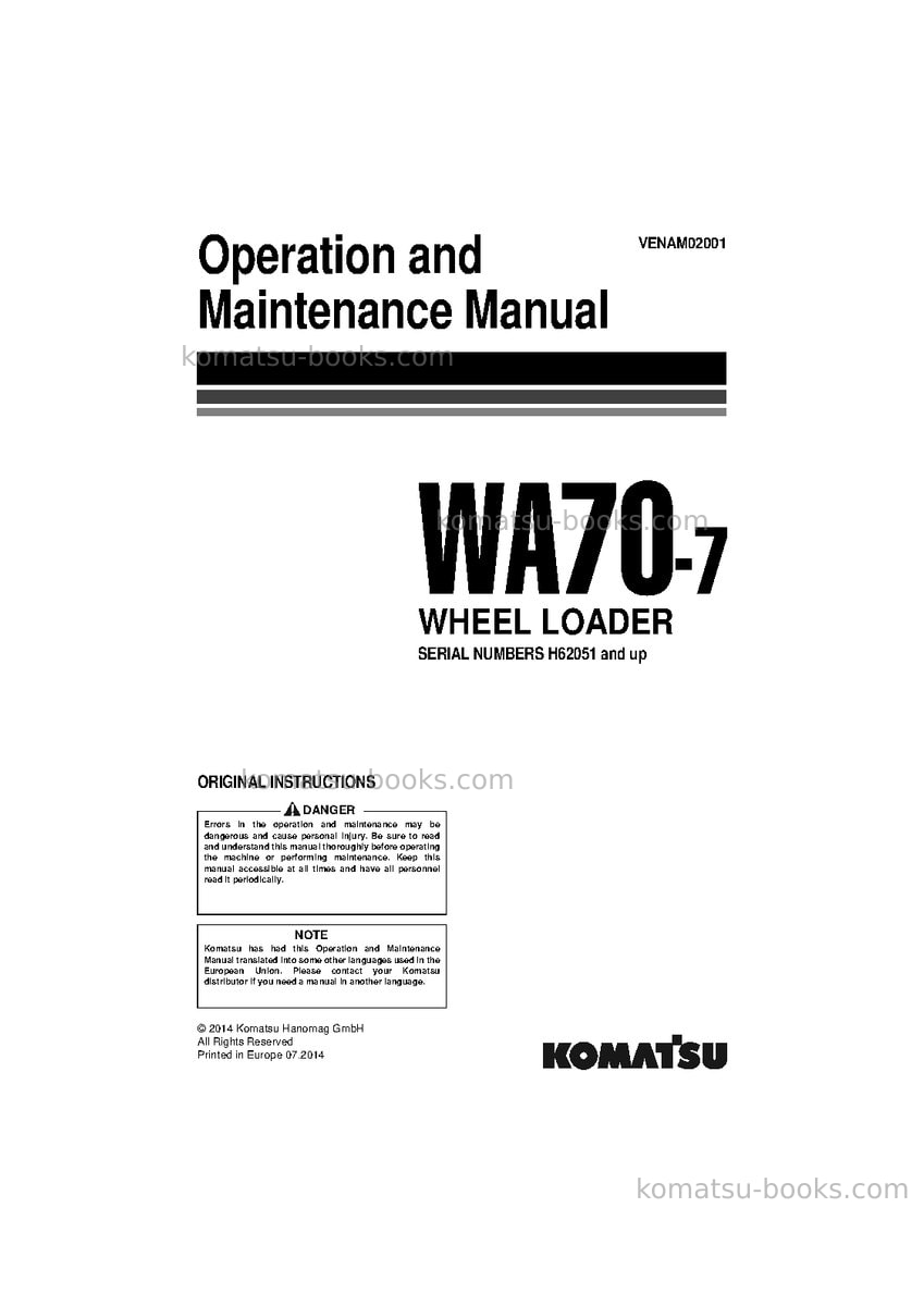Komatsu wa70-7deu Operation manual cover Komatsu wa70-7deu Operation manual cover