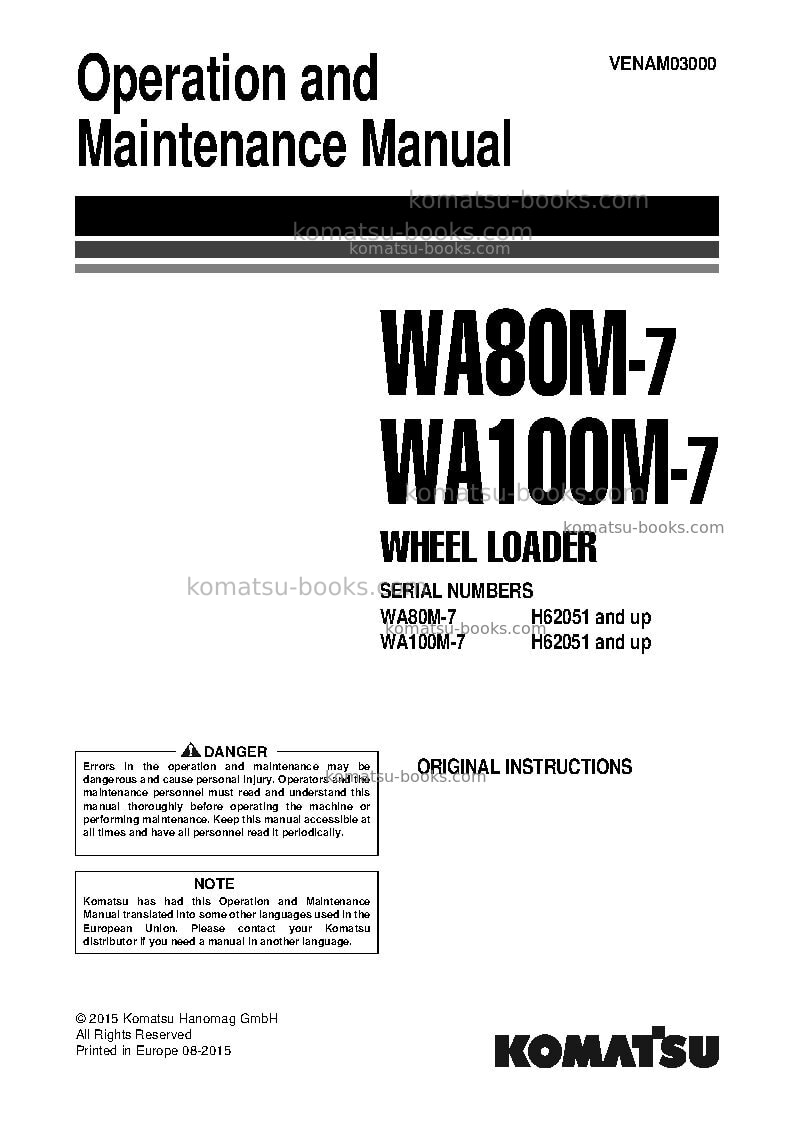 Komatsu wa100m-7deu Operation manual cover Komatsu wa100m-7deu Operation manual cover