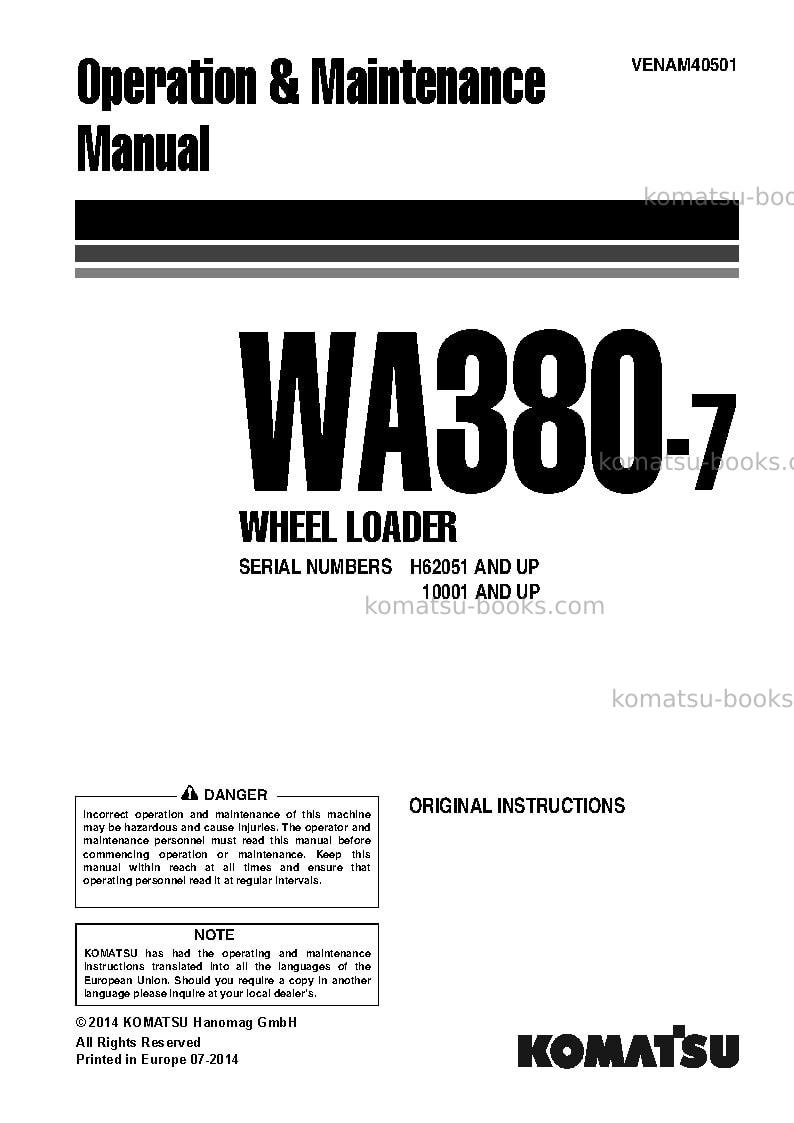 Komatsu wa380-7deu Operation manual cover Komatsu wa380-7deu Operation manual cover
