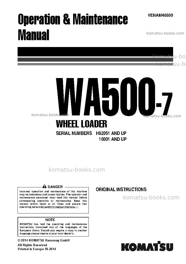 Komatsu wa500-7deu Operation manual cover Komatsu wa500-7deu Operation manual cover