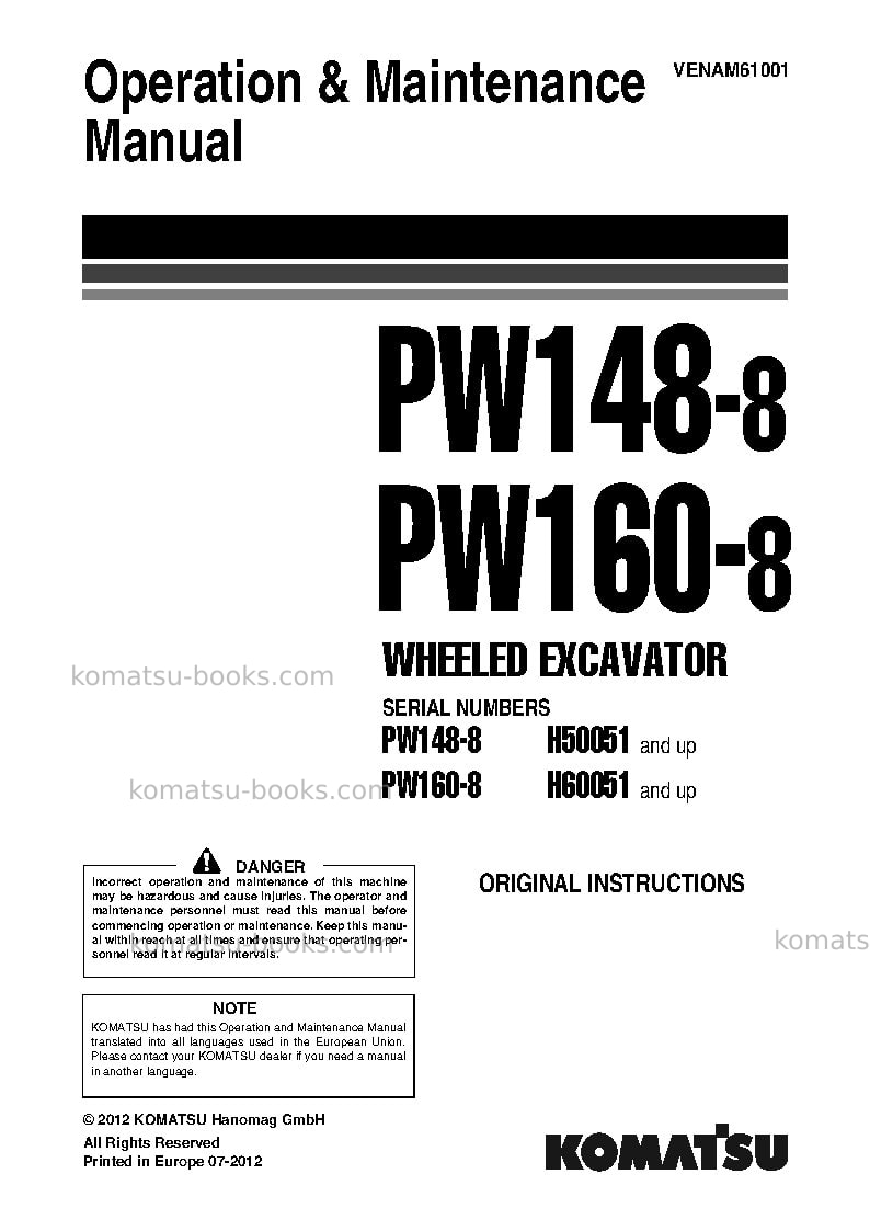 Komatsu pw148-8deu Operation manual cover Komatsu pw148-8deu Operation manual cover