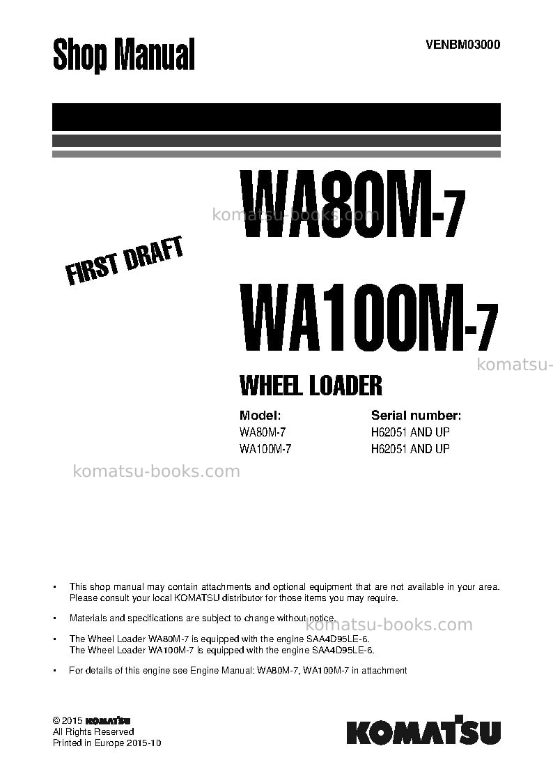 Komatsu wa100m-7deu Repair & maintenance cover