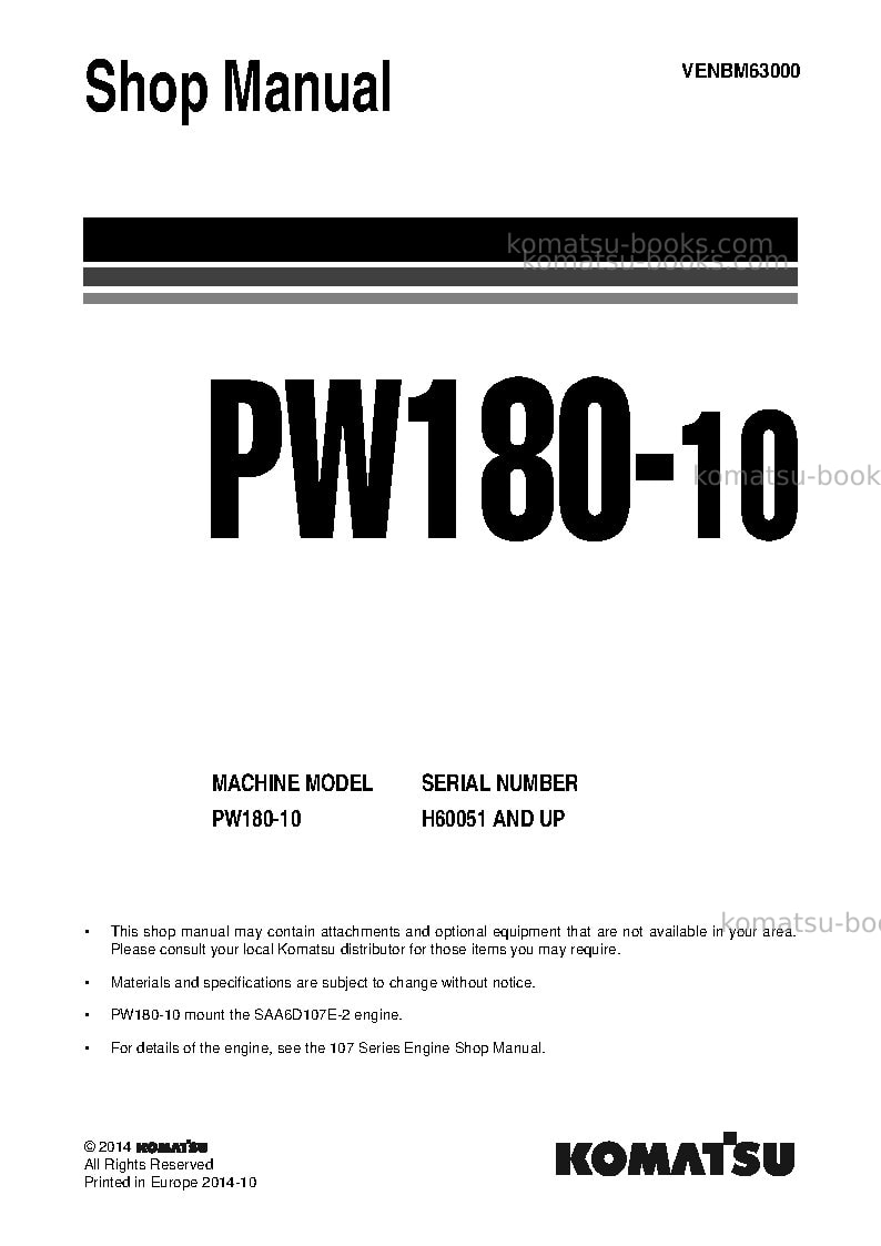 Komatsu pw180-10deu Repair & maintenance cover