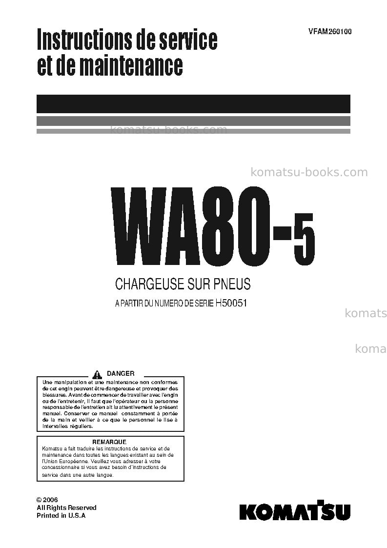 Komatsu wa80-5deu Manuel d'utilisation couverture Komatsu wa80-5deu Manuel d'utilisation couverture