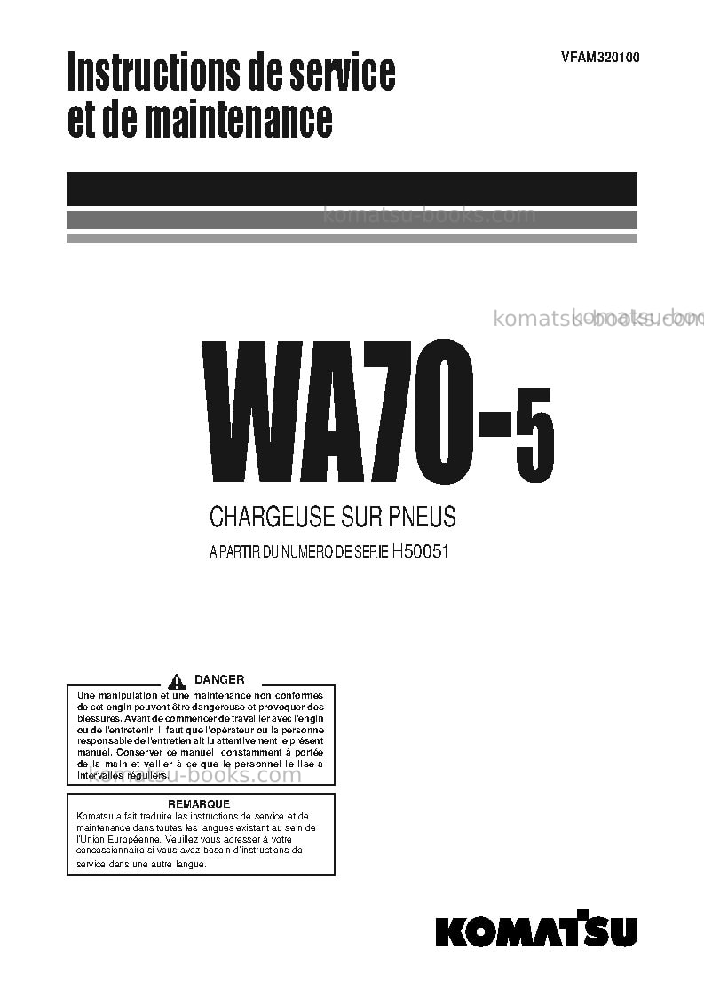 Komatsu wa70-5deu Manuel d'utilisation couverture