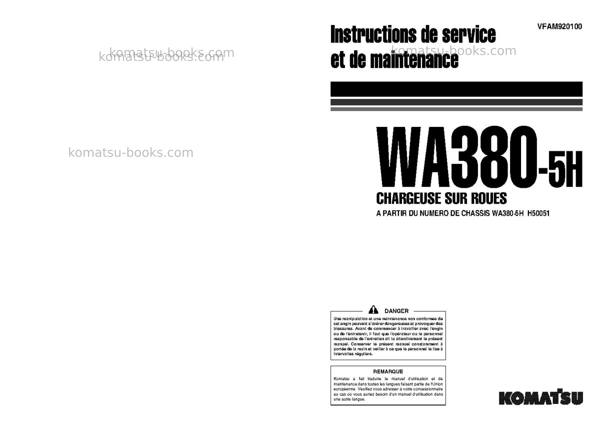 Komatsu wa380-5deu-h Manuel d'utilisation couverture Komatsu wa380-5deu-h Manuel d'utilisation couverture